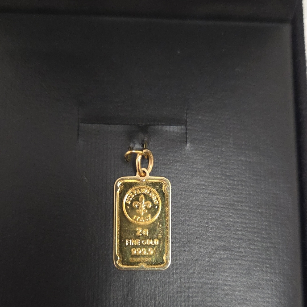 24k Gold 2 gram Italian Ingot Pendant with 14k Gold Yellow Gold Frame